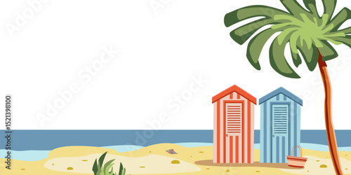 Colored sea landscape with blue, red, beach huts, palms, bushes, bag. Vector illustration. Sea elements for greeting cards, decoration, magazines, banners, menu, patterns and designs