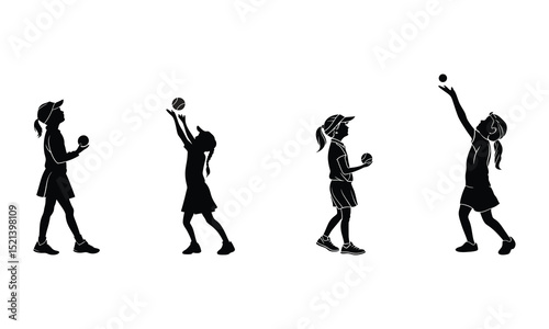 Vector silhouette design of some little girls playing with tennis balls on white background,
