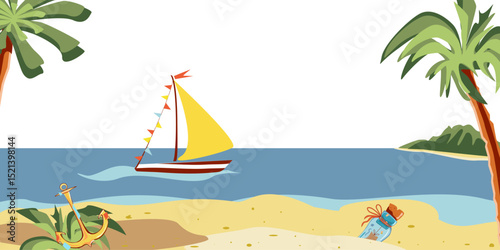 Colored sea view with bottle, anchor, sand, yellow yacht, green palms, island, waves. Vector illustration. Sea elements for greeting cards, decoration, magazines, banners, menu, patterns and designs