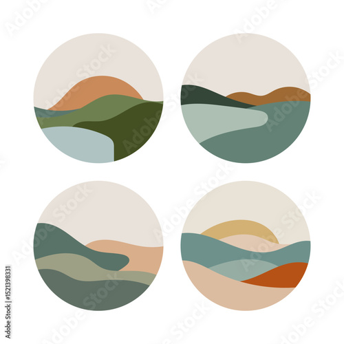 Sunset Landscape Circles. Stylized round abstract landscapes with warm sunset colors and smooth organic shapes, ideal for modern nature-themed artwork.