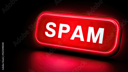 Spam alert sign glows red in dark background symbolizing email spam awareness and digital caution