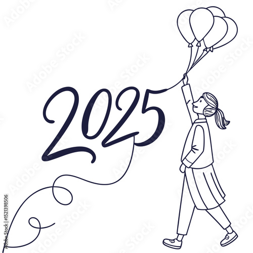 Illustration of a person holding balloons towards the year 2025 in a hand-drawn style