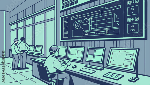 Control room scene with engineers monitoring screens and large schematic display on the wall paneling