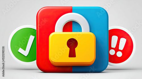 Email spam awareness concept with colorful lock icon and symbols showing security and alert