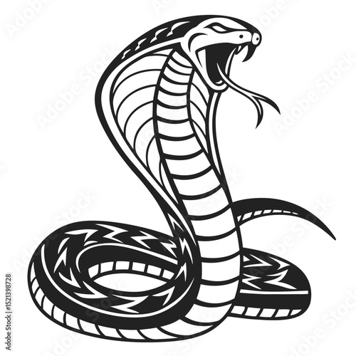Intimidating black and white illustration of a raging cobra snake with raised hood ready to strike