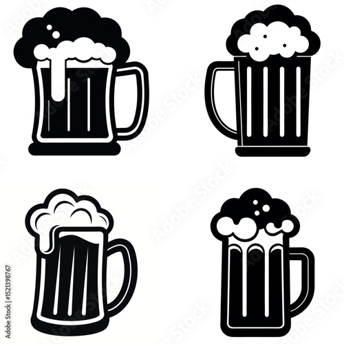 Four Black and White Beer Mug Icons with Frothy Heads Illustration Design
