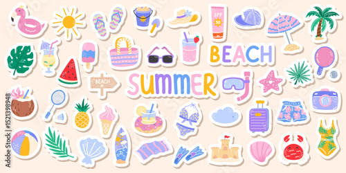 Summer Vector sticker pack with cute beach items: sun, sea, swimsuit, suitcase, sandcastle, and tropical drinks. Great for scrapbooking, journals, and summer party decor