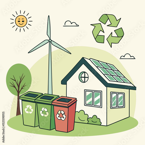 Illustration of eco friendly house with solar panels, wind turbine, recycle bins and recycle symbol