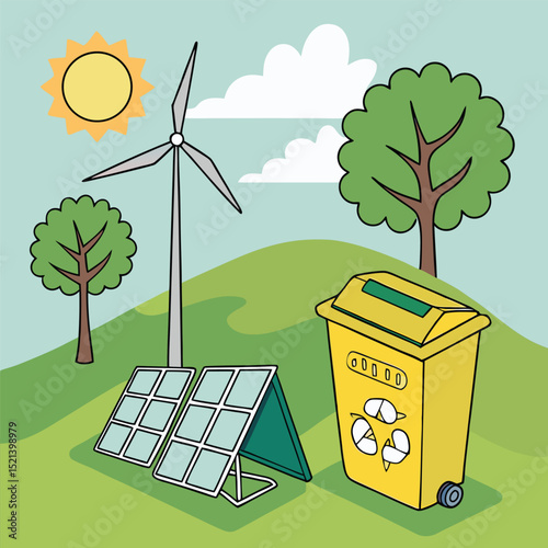 Illustration of renewable energy sources with solar panels, wind turbine, and recycle bin on a hill