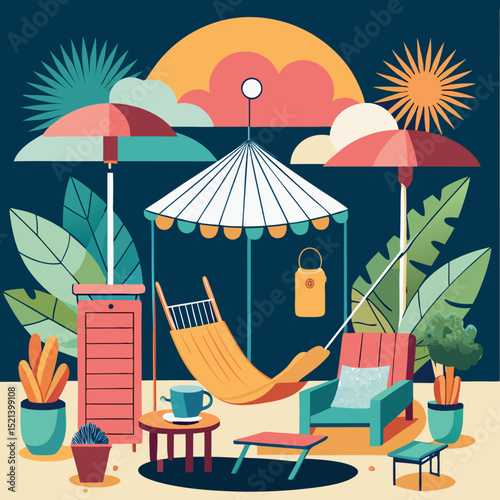 cozy setup with hammock chairs and umbrella