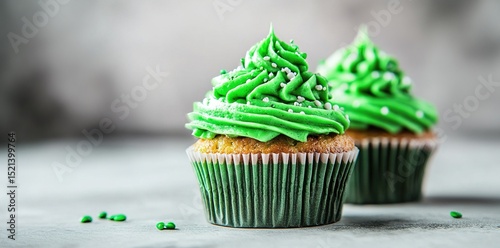 Cupcakes with green frosting and sprinkles, light gray background,  Baking food concept.