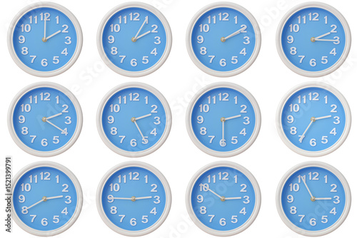 Twelve blue wall clocks with white frames showing 02:00 to 02:55 or 14:00 to 14:55 illustrating the passage of time or time zone variation