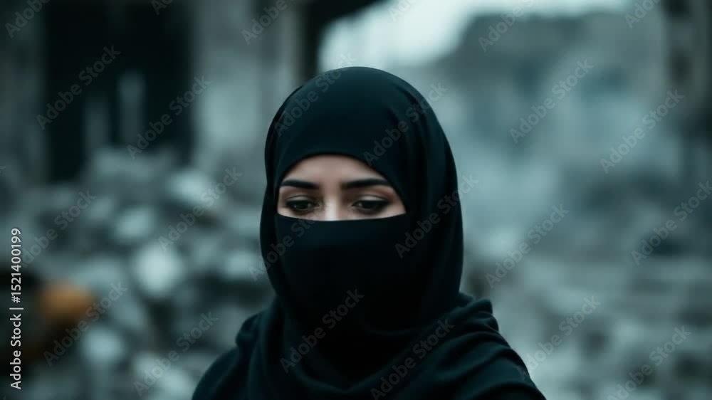 Woman in Niqab Amidst War-Torn Ruins Woman in Niqab Amidst War-Torn Ruins