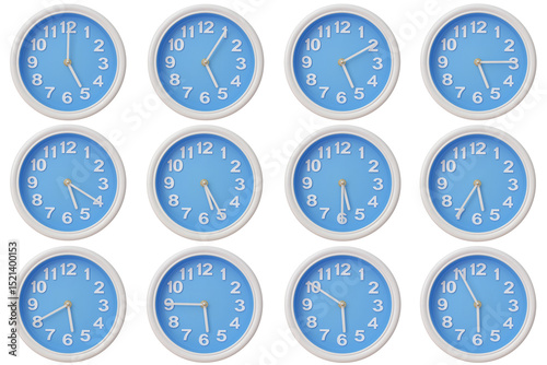 Twelve blue wall clocks with white frames showing 05:00 to 05:55 or 17:00 to 17:55 illustrating the passage of time or time zone variation