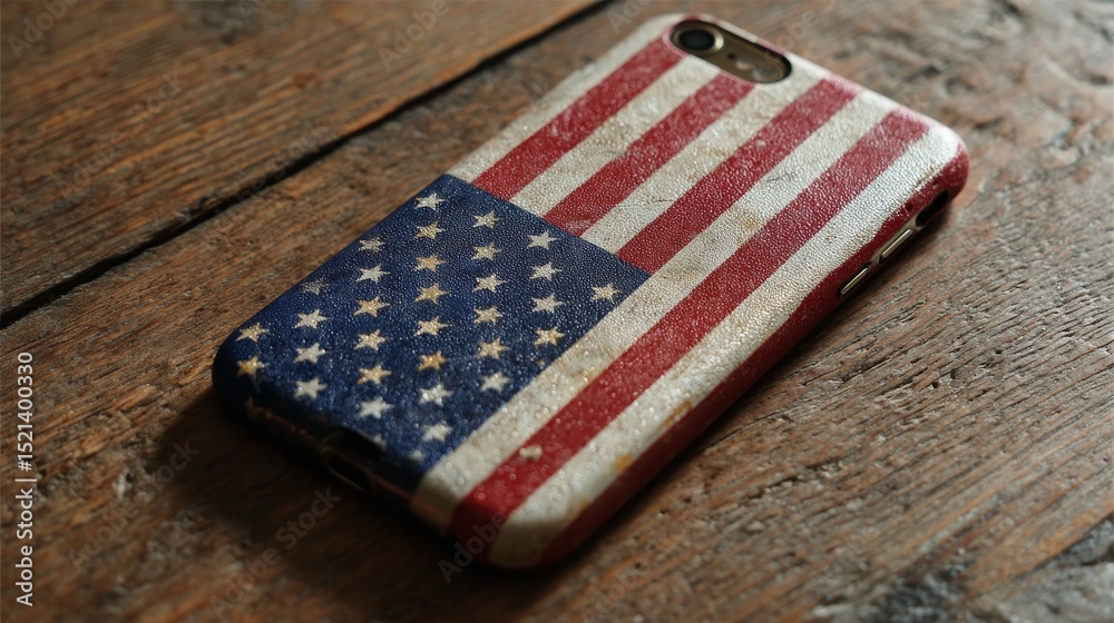 Fototapeta premium Vintage American Flag Phone Case on Wooden Table