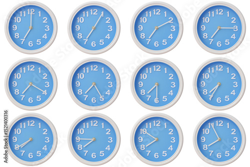 Twelve blue wall clocks with white frames showing 07:00 to 07:55 or 19:00 to 19:55 illustrating the passage of time or time zone variation