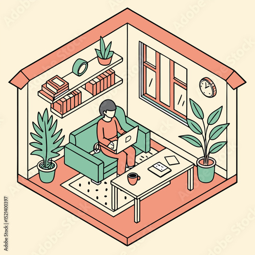 Isometric view of a person working on a laptop in a cozy room with plants and bookshelves design