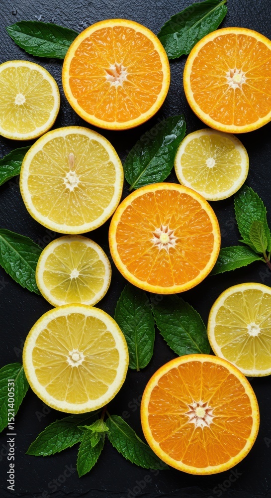 Sliced oranges and lemons with fresh mint leaves Sliced oranges and lemons with fresh mint leaves