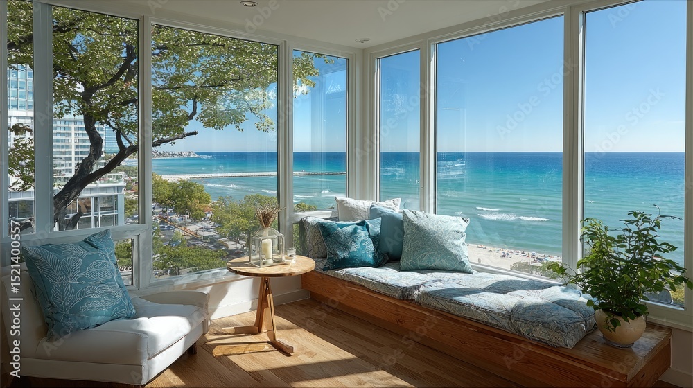 Fototapeta premium Contemporary interior design with minimalist sea view through clean, large horizontal glass window