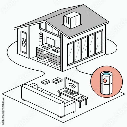 Isometric view of a smart home setup with living room, office, and smart speaker device shown