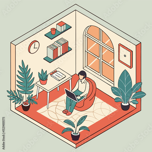 Isometric view of a person working on a laptop in a room with plants and a window and a desk and shelves
