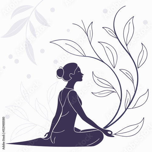 Serene silhouette of a woman in meditation pose surrounded by elegant botanical elements