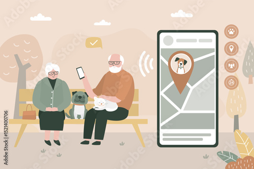 Old people with pets, elderly love couple sitting on bench with dog and cats. Senior citizens control for dog on mobile phone app. Pet tracking system, dog wearing GPS collar