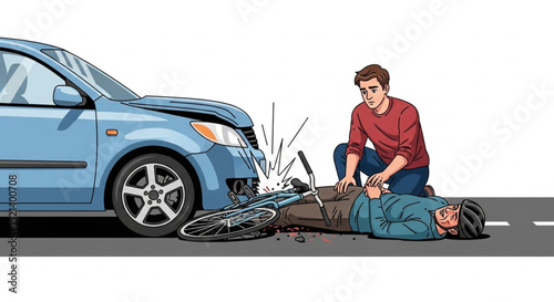Traffic Accident Scene with Car and Injured Cyclist on Road Illustration