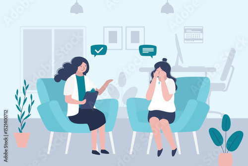 Woman crying during psychological therapy session. Psychologist with patient. Female psychotherapist has an Individual session with her patient. Social therapy