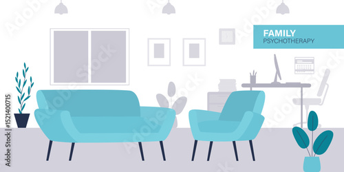 Psychologist office, cozy room with two sofa and armchair, window, paintings, bookshelf and potted plants. Family psychotherapy. Room interior concept