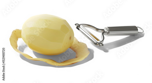Partially Peeled Potato with Metallic Peeler and Peel