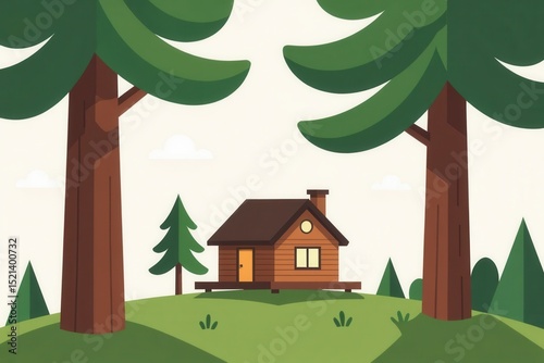 A cozy wooden cabin sits among tall trees on a grassy hill under a clear sky, creating a peaceful forest retreat scene.