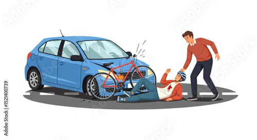 Car and Bicycle Accident with Driver Checking Injured Cyclist Vector Illustration