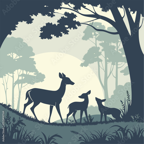 Silhouette of a deer family in a forest landscape with trees and grass in calm colors