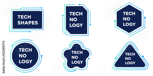 Techthemed shapes square, rectangle, hexagon, circle, star, triangle each features Tech No Logy or Tech Shapes text, modern design.