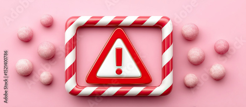 Spam alert warning icon in red and white with candy cane frame and pink background, conveying urgent caution message