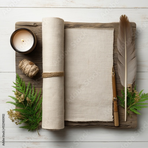 Rustic flat lay featuring unrolled brown kraft paper, natural feathers, pine branches, and twine on white wooden background, perfect for eco-friendly packaging and crafting projects