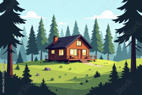 A cozy wooden cabin sits in a sunlit forest clearing, surrounded by tall pine trees and lush greenery.