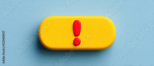 Yellow capsule shaped object with red exclamation mark on blue background, symbolizing alert or warning message