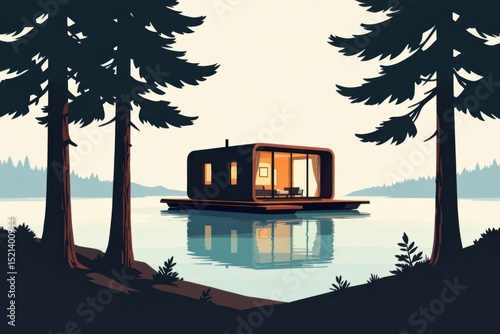 Cozy modern house floats on a calm lake, surrounded by trees and serene nature, reflecting peaceful lakeside living.