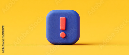 Exclamation mark icon in red on blue rounded square block with bright yellow background, symbolizing alert or warning