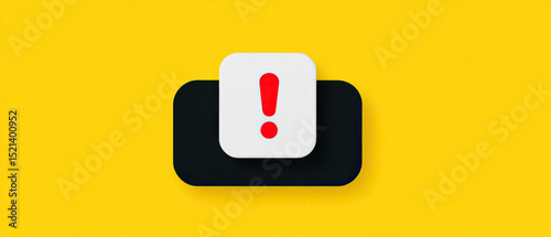 Warning icon with red exclamation mark on black and white rounded square shapes on bright yellow background, alert concept