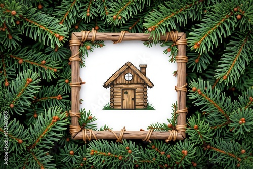 A rustic log cabin illustration framed with twigs, surrounded by green pine branches, evokes a cozy nature retreat.