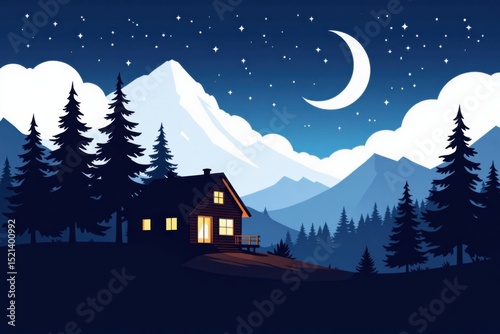 A cozy cabin sits among pine trees beneath a starry night sky, with mountains and a crescent moon in the background.