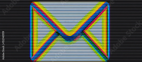 Colorful glitch effect popup warning about spam with distorted envelope icon on black background