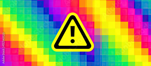 Colorful pixelated background with yellow warning sign and exclamation mark symbol in center, vibrant alert design