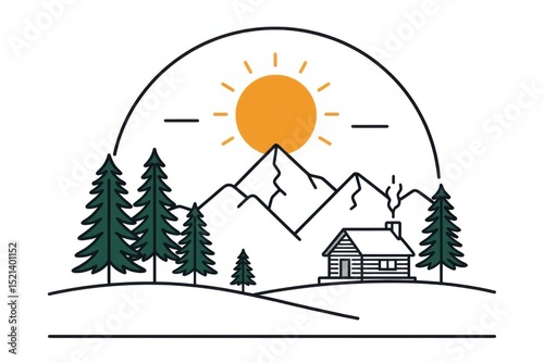 Minimalist illustration of a cabin in the mountains with pine trees, a bright sun, and clear skies.