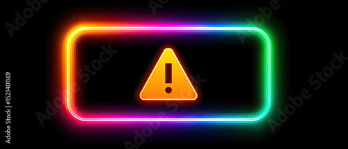 Darkmode alert window with glowing neon frame and warning symbol, flickering glitch effect creates tense digital atmosphere