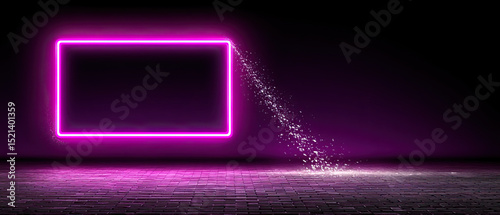Neon pink glowing rectangular frame with sparkling particles on dark brick floor, futuristic and vibrant light effect