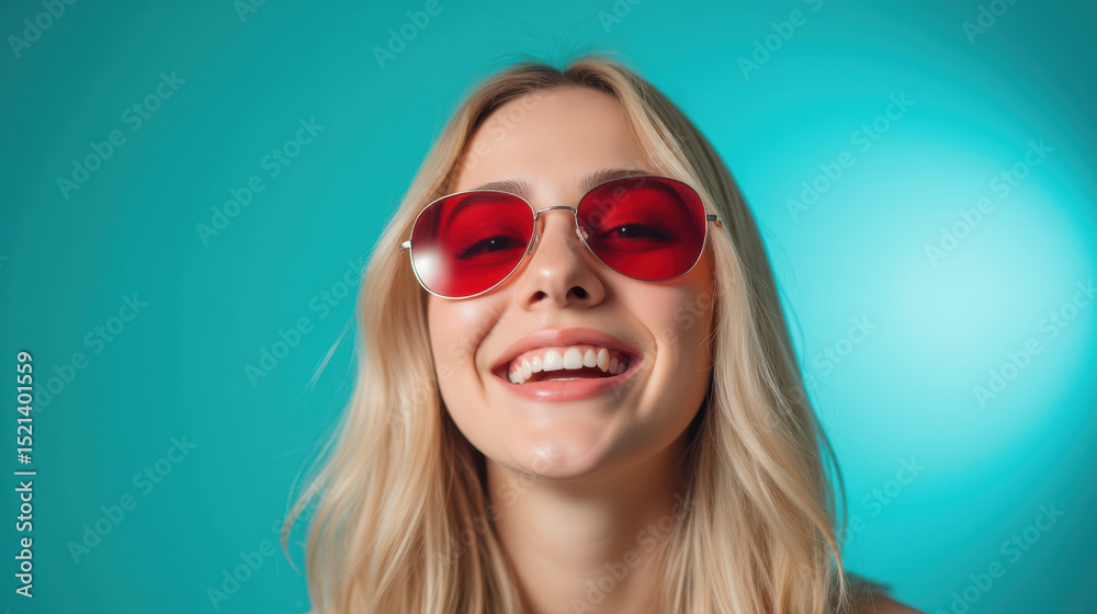 Bright and cheerful young woman with long blonde hair wearing stylish red sunglasses, smiling against vibrant turquoise background Bright and cheerful young woman with long blonde hair wearing stylish red sunglasses, smiling against vibrant turquoise background